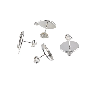 Silver stainless steel earring posts with round bezel and hanging loop for DIY jewelry making
