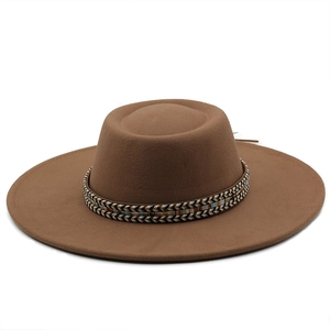 Detail of brown wide brim wool felt hat featuring a colorful ethnic woven band accessory