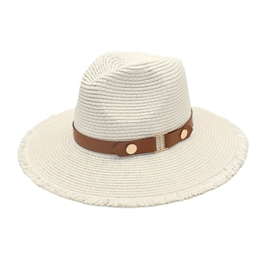 Summer wide brim straw fedora hat with brown leather belt and gold metal accents