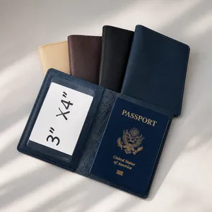 Detail of leather passport holder interior with card slots and transparent ID window
