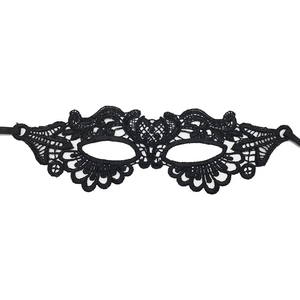 Detailed close-up of intricate black lace mask weaving patterns on a plain white background
