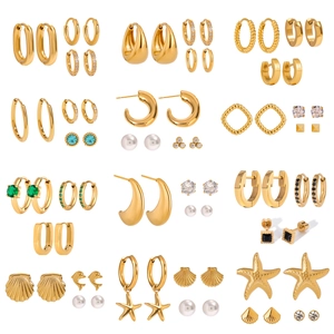 Three-pair gold stainless steel earring set with starfish, seashell, and zircon charms