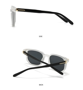 Detail view of square frame sunglasses showing side hinge and gold metal T-shaped accents