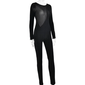 Detail of black long-sleeved jumpsuit featuring sheer mesh panels and slim-fit fabric