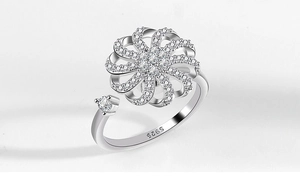 Macro detail of S925 hallmark on rotating silver fidget ring with sparkling cubic zirconia