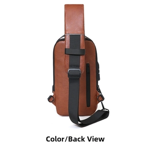 Detail of waterproof brown chest bag featuring anti-theft combination lock and adjustable strap