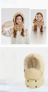 Detailed close-up of 3-in-1 khaki corduroy winter hat for kids with fleece lining and mask