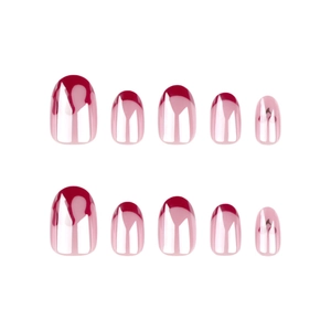 French style red cherry press-on nails set with glossy dripping heart effect on pink base