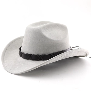 Chapeau de cowboy western classique en daim gris clair avec bandeau en cuir tressé noir