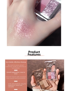 Macro shot of dual-color eyeshadow palette with matte nude and glitter shimmer textures