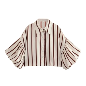 Dettaglio in piano della camicia con maniche a sbuffo a righe verticali marroni su bianco