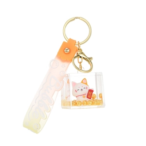 Lucky cat acrylic cube keychain with orange liquid glitter and floating golden beads