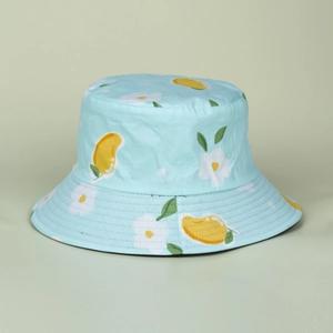 Floral bucket hat for women in light blue with mango and daisy prints for sun protection