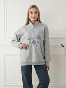 Detail eines grauen Sweatshirts mit halbemds mit Halbreißverschluss, Vintage-Druck und hohem Kragen