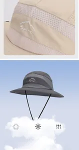Detail of breathable mesh and wide brim on lightweight summer outdoor sun hat