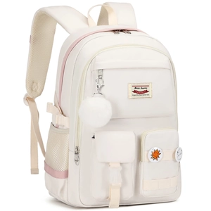 Side view of white minimalist backpack with pink zippers and cute plush pendant charm