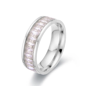 Silver titanium steel ring featuring a band of channel-set pink rectangular zircons
