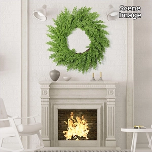 Green faux pine needle wreath hung over a fireplace on a white brick wall