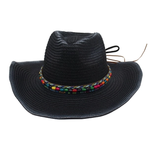 Black cowboy straw hat with ethnic colorful beaded band on a clean white background