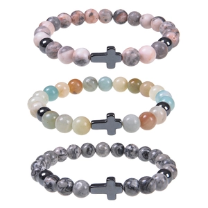 Natural Stone Beaded Bracelet With Alloy Cross Charm Round Beads Elastic Christian Religious Jewelry Gift Card