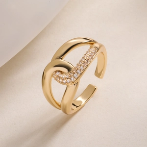 Elegant 18K gold-plated double-row geometric open ring with zircon inlay for women