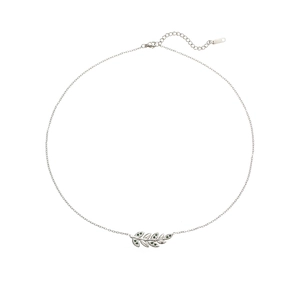 Silver leaf necklace with green zircon inlay and adjustable chain on white background