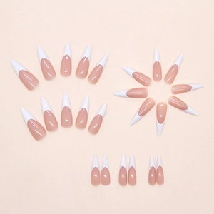 Classic French press-on nails set with creamy white tips and nude pink base, 24 pieces