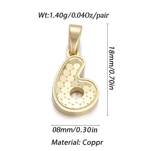Detail of gold number 6 copper pendant showing 18mm height and 1.40g weight specs