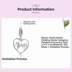 Detail view of S925 silver heart charm with pink size label and dimensions 2.3x1.5 cm