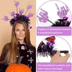 Detail of high-elasticity Halloween headband with glitter purple bone hand and bat decor