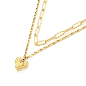 Collier double rang doré en acier inoxydable avec pendentif cœur texturé