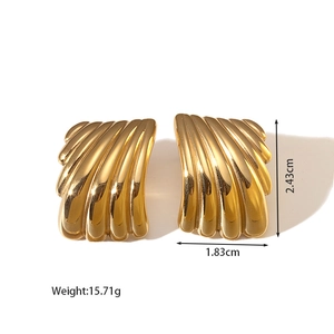 Detail view of 18K gold stainless steel earrings with shell-like ribbed texture