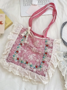 Floral embroidery red gingham canvas tote bag with white lace edges and cottagecore style