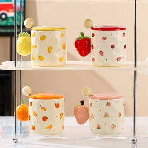 Cute fruit ceramic mugs with strawberry and peach patterns, lids, and matching spoons