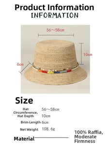 Detail showing Raffia straw bucket hat dimensions with colorful beaded handmade band