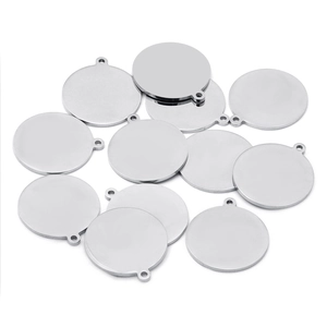 Polished stainless steel round blank tags with small hanging rings for DIY jewelry design