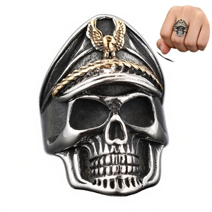 Vintage Military Officer Skull Ring Stainless Steel Punk Gothic Gold Silver Tone Eagle Emblem Men Jewelry