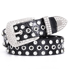 Women Rhinestone Belt Western PU Leather Crocodile Pattern Punk Y2K Fashion Waistband Alloy Buckle