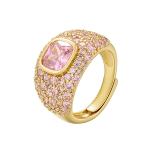 Luxury gold open ring with a large pink square stone and micro-pave crystals on white background