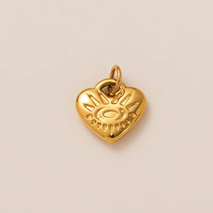 Golden heart pendant with embossed evil eye motif and 18K gold plated stainless steel finish