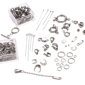 Silver stainless steel jewelry DIY set with lobster clasps and jump rings in a clear box