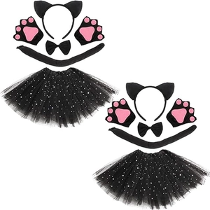 Détail du set de costume panda chat 5 pièces avec oreilles, nœud, gants, queue et tutu