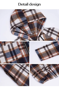 Detailed views of plaid hooded sweatshirt featuring zipper pockets and elastic hem finish