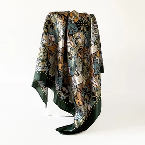 Satin square silk scarf featuring artistic cat illustrations and gold dot borders