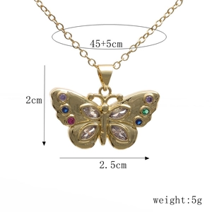 Detail view of 18K gold plated butterfly necklace with dimensions and weight info