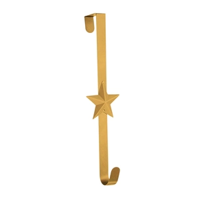 Detailed view of a gold metal over-the-door wreath hook with a 3D star decoration