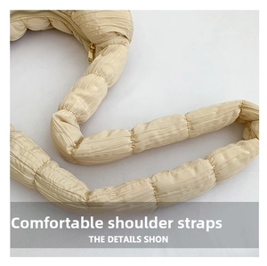 Close-up of gathered cream pleats and golden metal zipper detail on the trendy dumpling bag