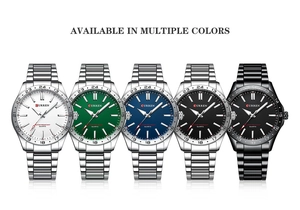 Detailed display of CURREN men's stainless steel watches in multiple dial colors