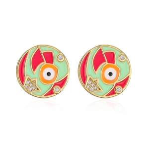 Gold plated evil eye stud earrings with colorful enamel and sparkling zircon accents