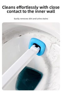 Close-up of disposable toilet brush with blue sponge cleaning under the toilet rim
